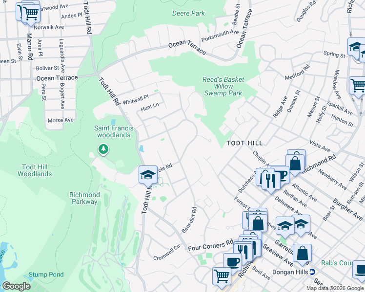 map of restaurants, bars, coffee shops, grocery stores, and more near 68 Circle Road in Staten Island