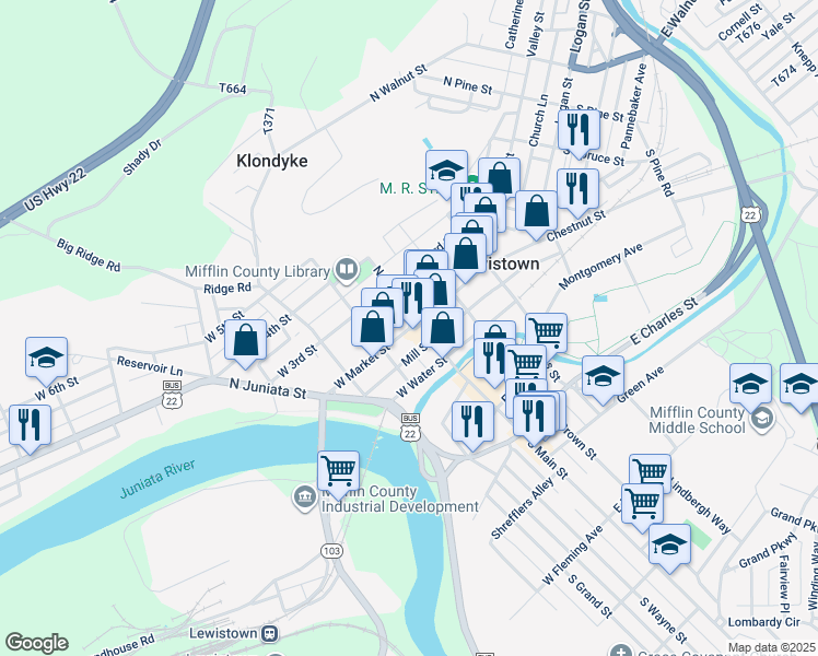 map of restaurants, bars, coffee shops, grocery stores, and more near 1 West Market Street in Lewistown