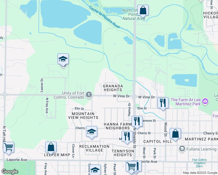 map of restaurants, bars, coffee shops, grocery stores, and more near 1225 Alameda Street in Fort Collins