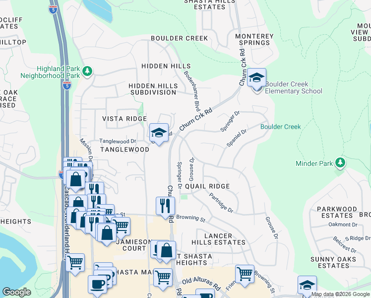 map of restaurants, bars, coffee shops, grocery stores, and more near 1227 Whistling Drive in Redding