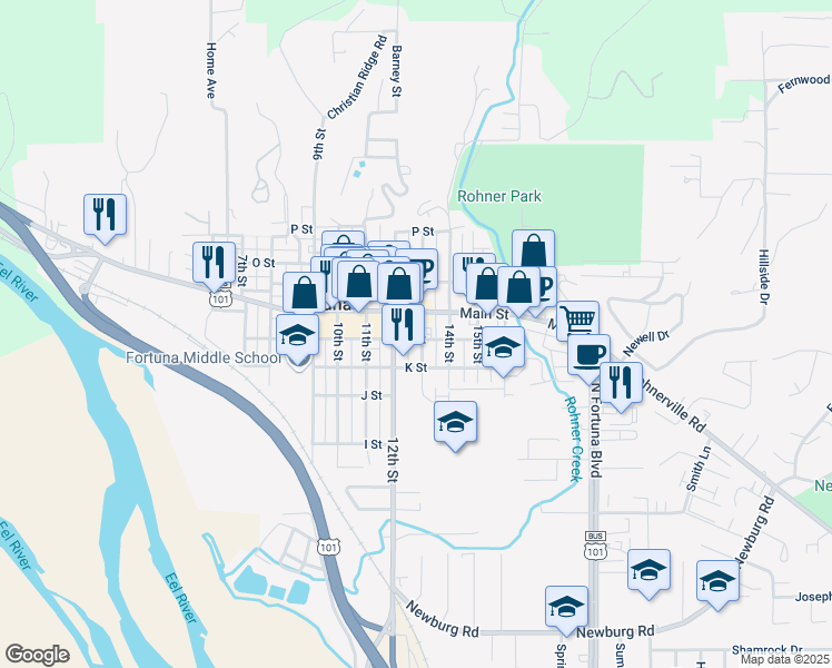 map of restaurants, bars, coffee shops, grocery stores, and more near 640 13th Street in Fortuna