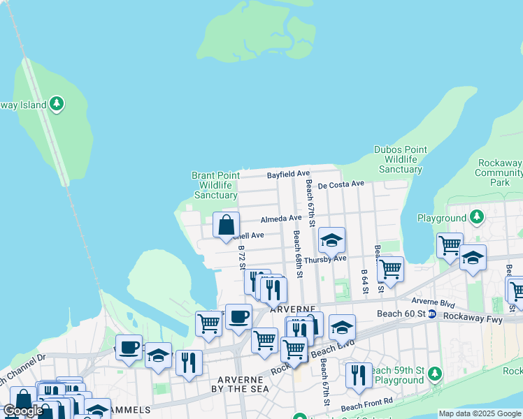 map of restaurants, bars, coffee shops, grocery stores, and more near 69-46 Hillmeyer Avenue in Queens