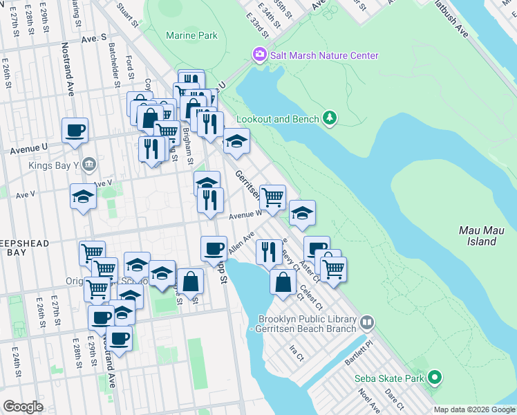 map of restaurants, bars, coffee shops, grocery stores, and more near 2446 Gerritsen Avenue in Brooklyn