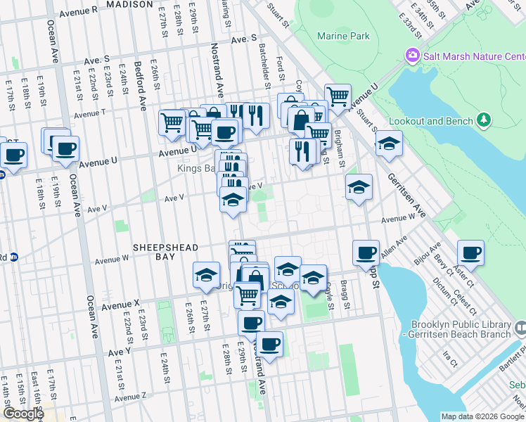 map of restaurants, bars, coffee shops, grocery stores, and more near 2238 Batchelder Street in Brooklyn
