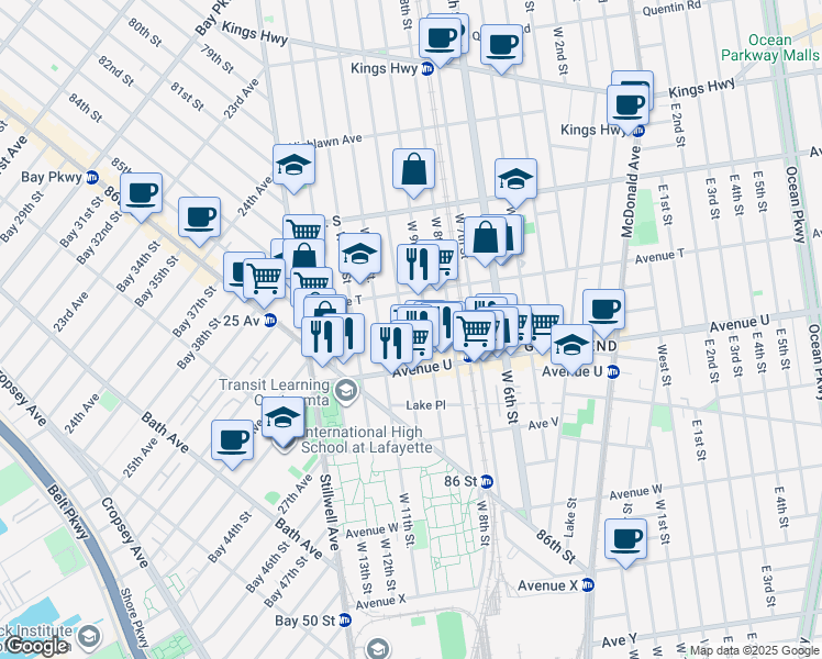 map of restaurants, bars, coffee shops, grocery stores, and more near 2033 West 10th Street in Brooklyn