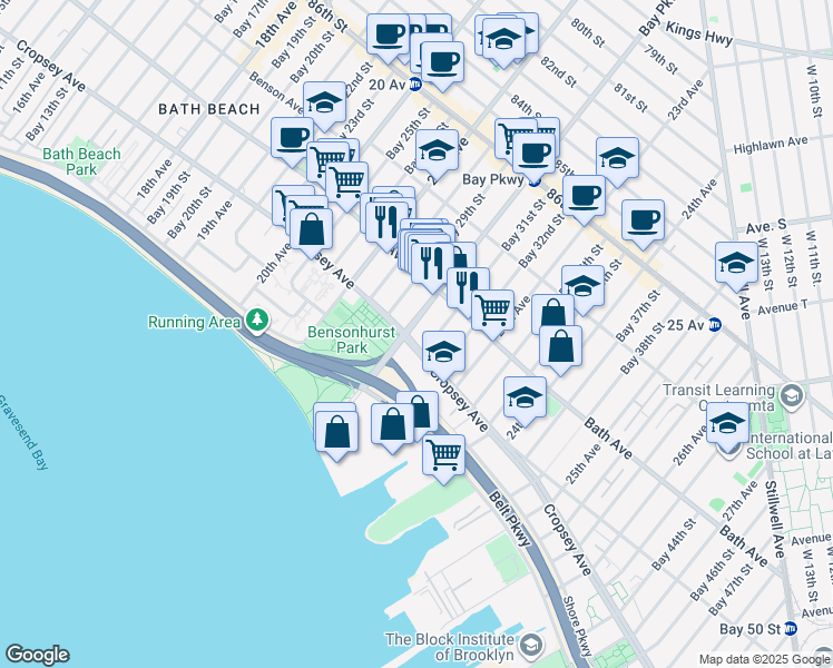 map of restaurants, bars, coffee shops, grocery stores, and more near 8811 Bay Parkway in Brooklyn
