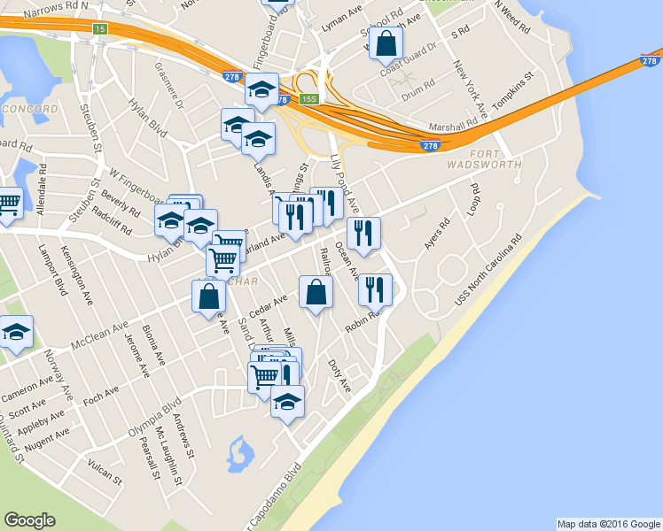 map of restaurants, bars, coffee shops, grocery stores, and more near 27 Railroad Avenue in Staten Island