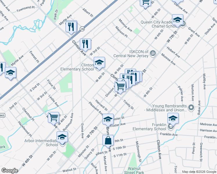 map of restaurants, bars, coffee shops, grocery stores, and more near 513-17 Trinity Street in Plainfield