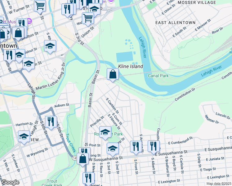 map of restaurants, bars, coffee shops, grocery stores, and more near 609 South Fawn Street in Allentown