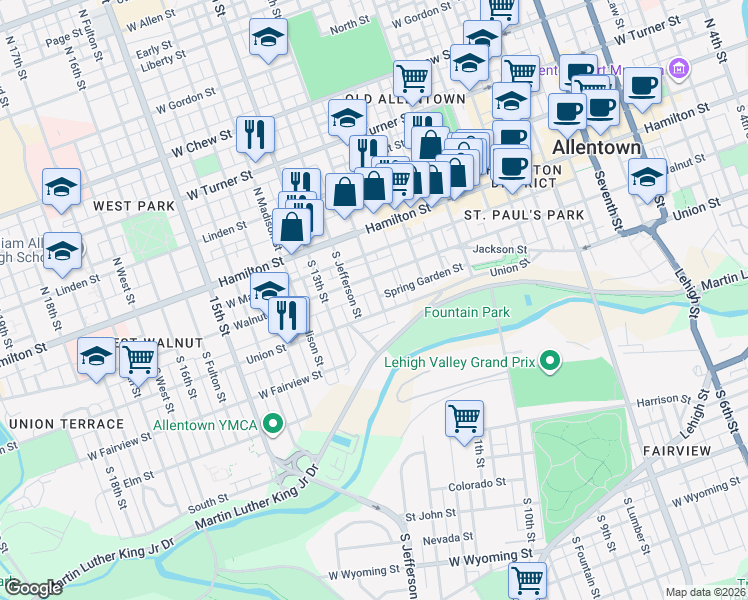 map of restaurants, bars, coffee shops, grocery stores, and more near 1214 Hickory Street in Allentown