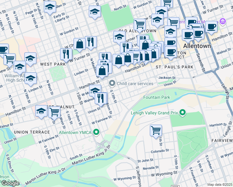 map of restaurants, bars, coffee shops, grocery stores, and more near 1250 Walnut Street in Allentown