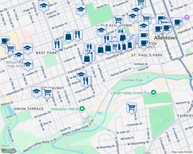 map of restaurants, bars, coffee shops, grocery stores, and more near 1250 Walnut Street in Allentown