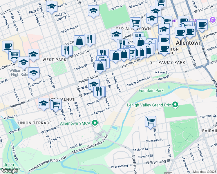 map of restaurants, bars, coffee shops, grocery stores, and more near 1250 Walnut Street in Allentown