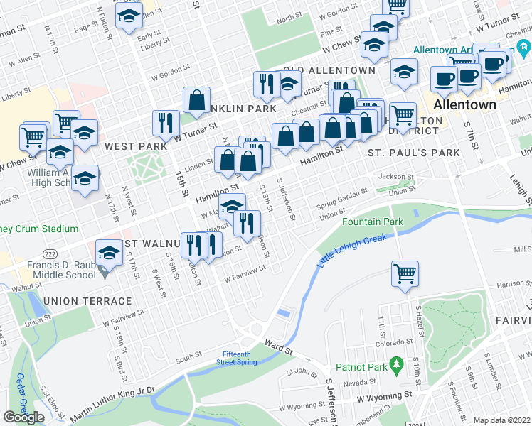 map of restaurants, bars, coffee shops, grocery stores, and more near 1250 Walnut Street in Allentown
