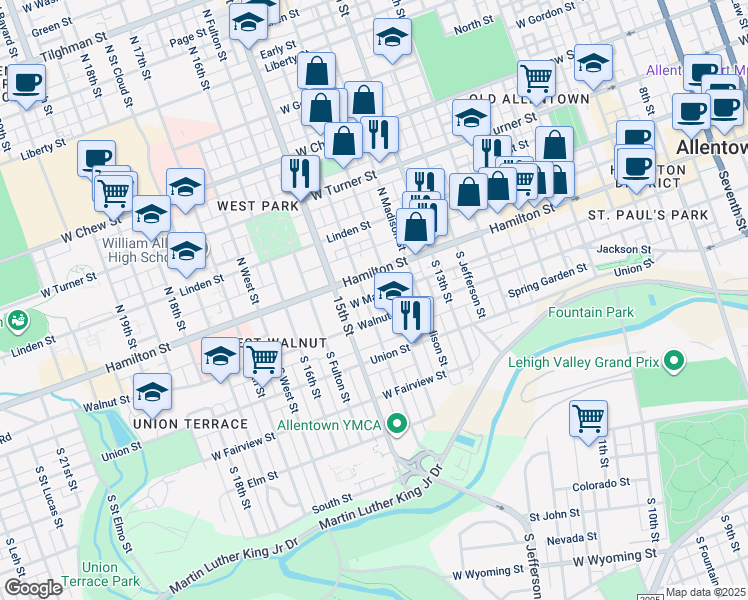 map of restaurants, bars, coffee shops, grocery stores, and more near 26 South 14th Street in Allentown