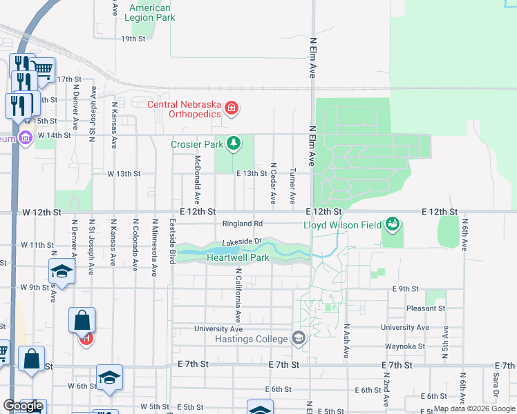 map of restaurants, bars, coffee shops, grocery stores, and more near 1235 N California Ave in Hastings