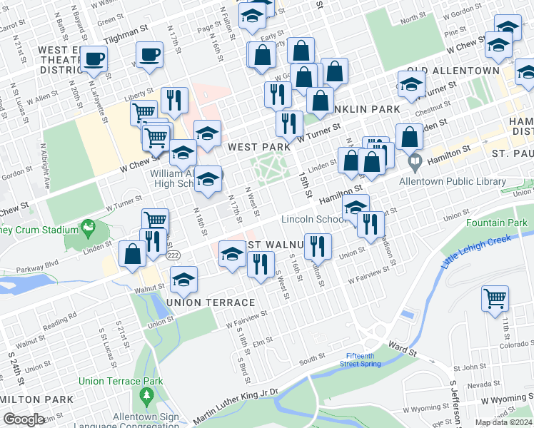 map of restaurants, bars, coffee shops, grocery stores, and more near 1617 Hamilton Street in Allentown