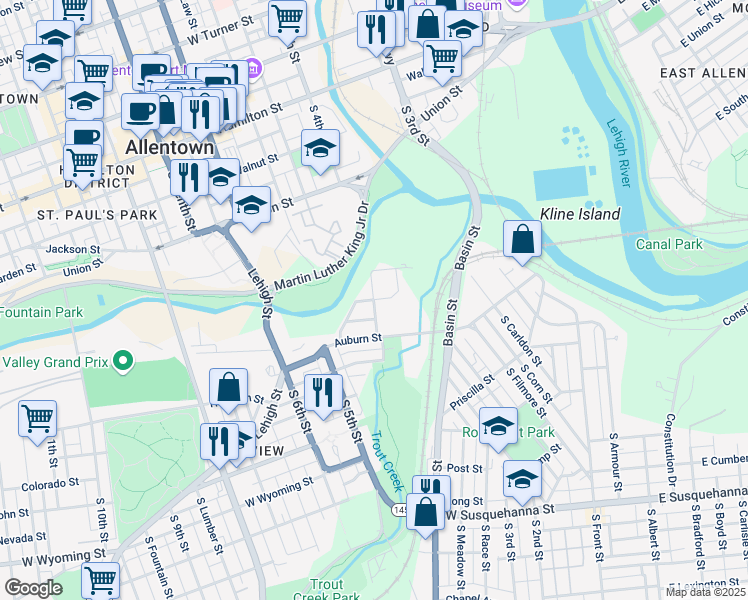 map of restaurants, bars, coffee shops, grocery stores, and more near 400 Market Street in Allentown