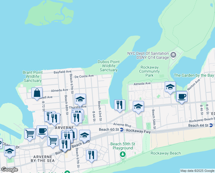 map of restaurants, bars, coffee shops, grocery stores, and more near 62-0 Almeda Avenue in Queens