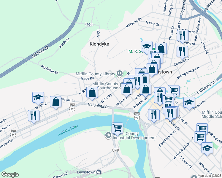 map of restaurants, bars, coffee shops, grocery stores, and more near 109 North Grand Street in Lewistown