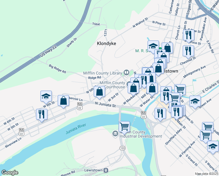 map of restaurants, bars, coffee shops, grocery stores, and more near 110 West 4th Street in Lewistown