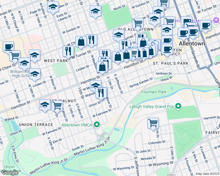 map of restaurants, bars, coffee shops, grocery stores, and more near 1304 Walnut Street in Allentown