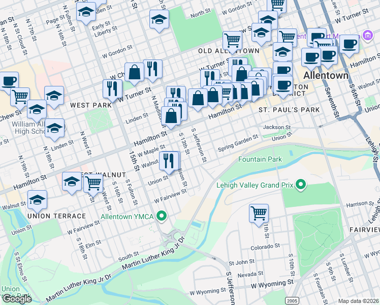 map of restaurants, bars, coffee shops, grocery stores, and more near 1252 Walnut Street in Allentown