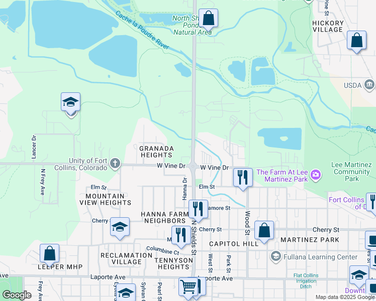 map of restaurants, bars, coffee shops, grocery stores, and more near 723 North Shields Street in Fort Collins