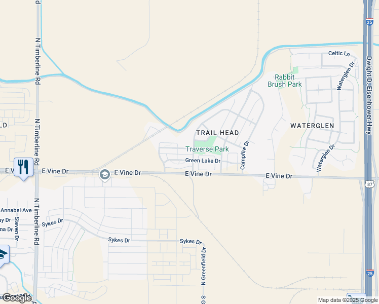 map of restaurants, bars, coffee shops, grocery stores, and more near 3293 Glacier Creek Drive in Fort Collins