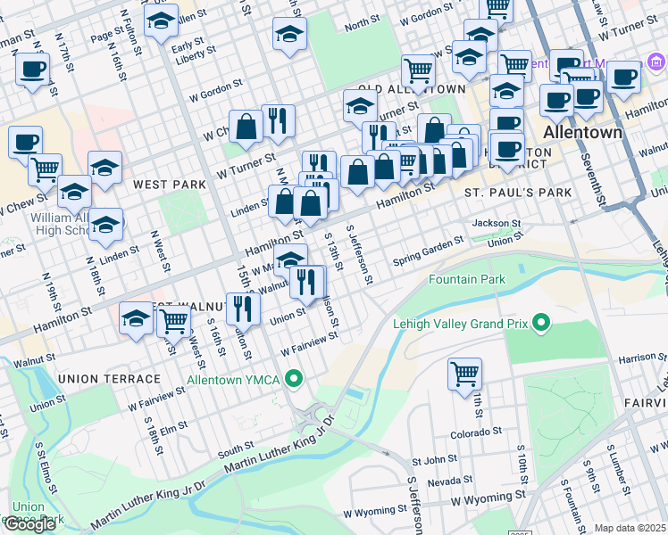 map of restaurants, bars, coffee shops, grocery stores, and more near 1302 Walnut Street in Allentown