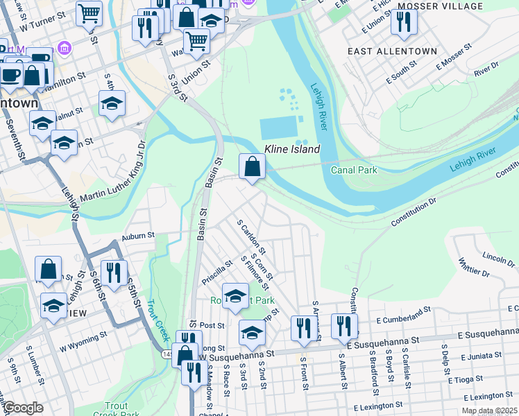 map of restaurants, bars, coffee shops, grocery stores, and more near 609 South Fawn Street in Allentown