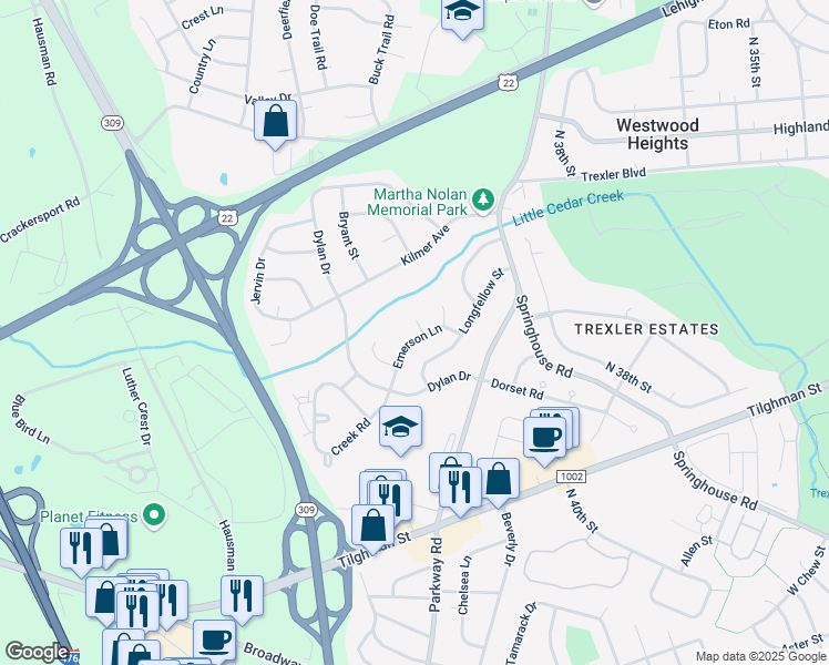 map of restaurants, bars, coffee shops, grocery stores, and more near 958 Little Cedar Court in Allentown