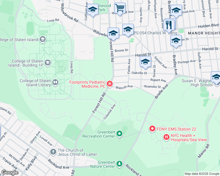 map of restaurants, bars, coffee shops, grocery stores, and more near 1023 Forest Hill Road in Staten Island