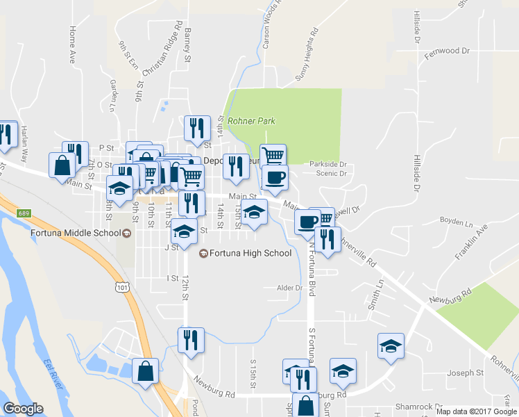 map of restaurants, bars, coffee shops, grocery stores, and more near 573 16th Street in Fortuna
