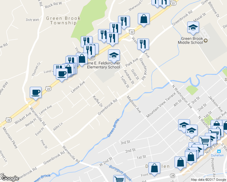 map of restaurants, bars, coffee shops, grocery stores, and more near 2 Greenway Lane in Green Brook Township