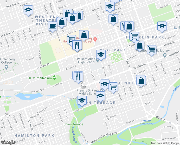 map of restaurants, bars, coffee shops, grocery stores, and more near 1806 West Linden Street in Allentown