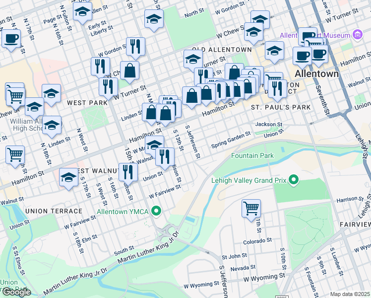 map of restaurants, bars, coffee shops, grocery stores, and more near 1248 West Walnut Street in Allentown