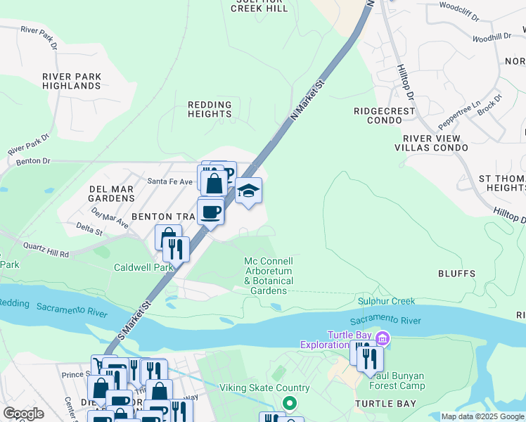 map of restaurants, bars, coffee shops, grocery stores, and more near 1330 Arboretum Drive in Redding