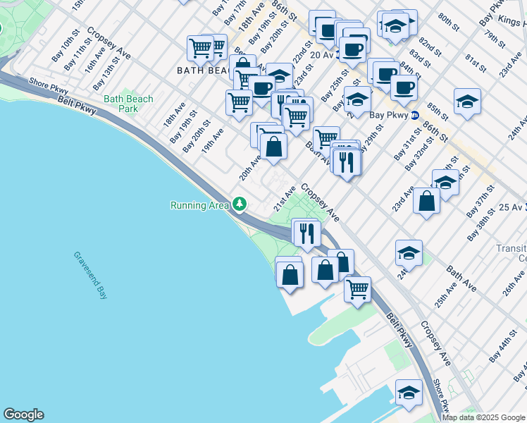 map of restaurants, bars, coffee shops, grocery stores, and more near 1535 Shore Parkway in Brooklyn