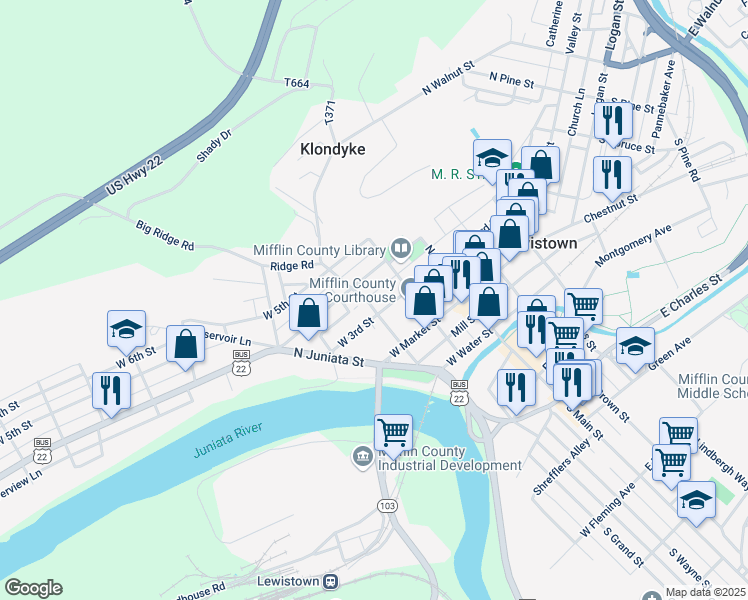 map of restaurants, bars, coffee shops, grocery stores, and more near 109 North Grand Street in Lewistown