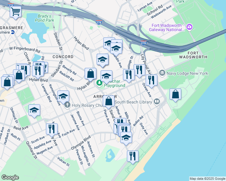 map of restaurants, bars, coffee shops, grocery stores, and more near 96 Macfarland Avenue in Staten Island