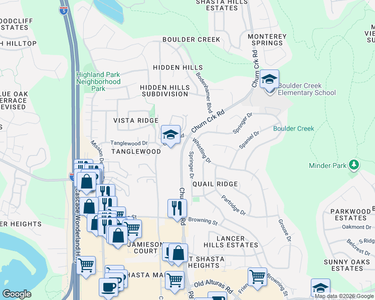 map of restaurants, bars, coffee shops, grocery stores, and more near 1227 Whistling Drive in Redding