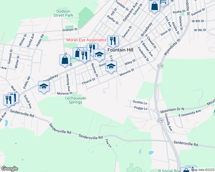 map of restaurants, bars, coffee shops, grocery stores, and more near 812 Forrest Street in Fountain Hill