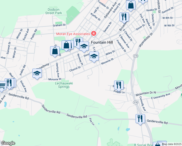 map of restaurants, bars, coffee shops, grocery stores, and more near 812 Forrest Street in Fountain Hill