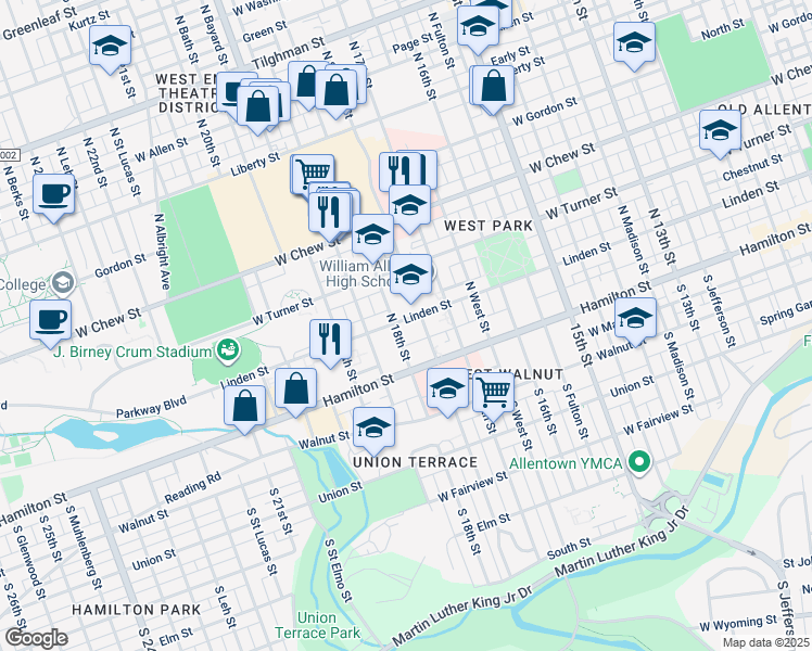 map of restaurants, bars, coffee shops, grocery stores, and more near 1744 West Linden Street in Allentown