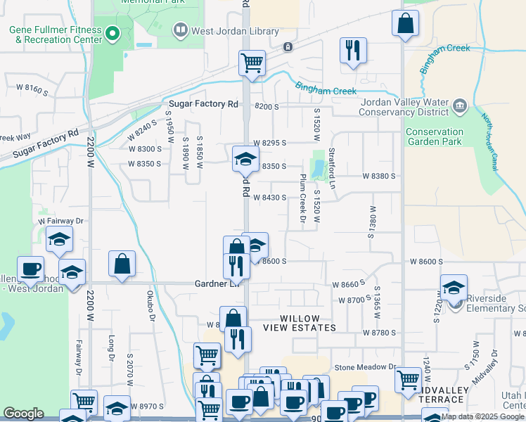 map of restaurants, bars, coffee shops, grocery stores, and more near 8465 South 1670 West in West Jordan