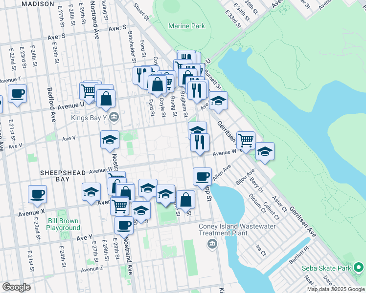 map of restaurants, bars, coffee shops, grocery stores, and more near 2261 Bragg Street in Brooklyn