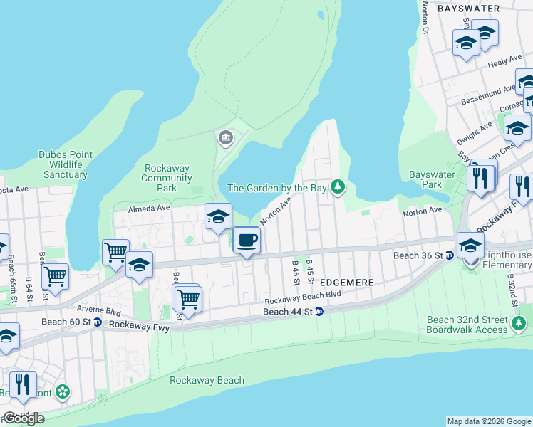map of restaurants, bars, coffee shops, grocery stores, and more near 47-10 Norton Avenue in Queens