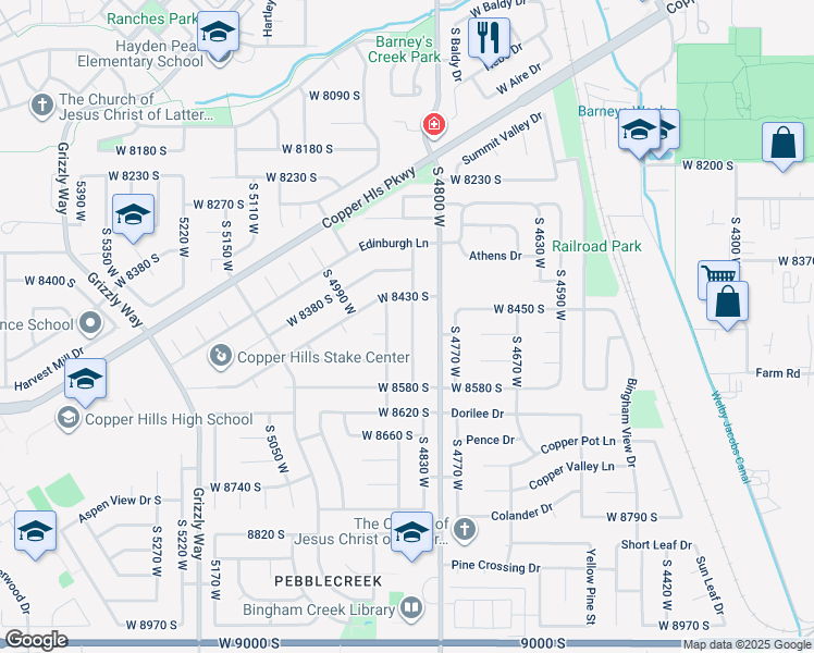 map of restaurants, bars, coffee shops, grocery stores, and more near 8474 McKenzie Lane in West Jordan