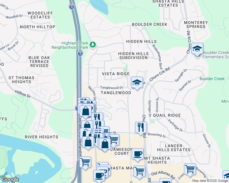 map of restaurants, bars, coffee shops, grocery stores, and more near 787 Flower Ash Lane in Redding